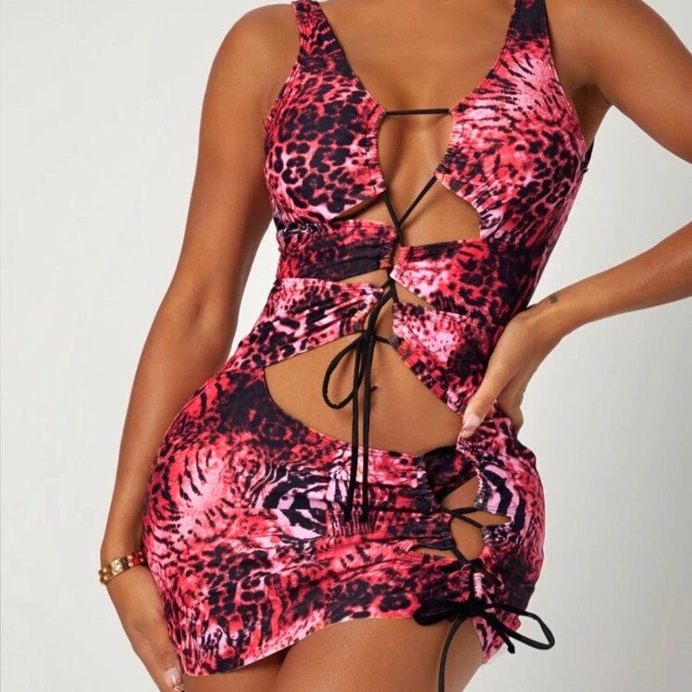 Leopard Cut-Out Lace Up Bikini Swimsuit